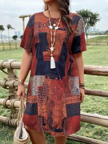 EMERY ROSE Plus Size Patchwork Printed Casual Dress - Multicolor - View 5