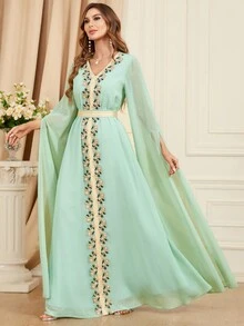 Women's Super Long Sleeve Embroidered Trim Patchwork Dress - Green - View 3