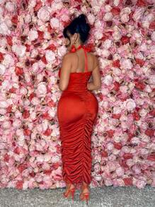 SHEIN SXY Valentine's Day Sexy Red Prom Heart  Spring  Party Date Night  Ruffle Hollow Out Women Elegant Party Strapless Pleated Floor-Length  With 3d Flower Decoration