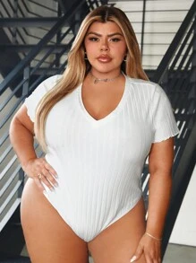 SHEIN CURVE+ Plus Size Women'S V-Neck Short Sleeve Bodysuit - White - View 6