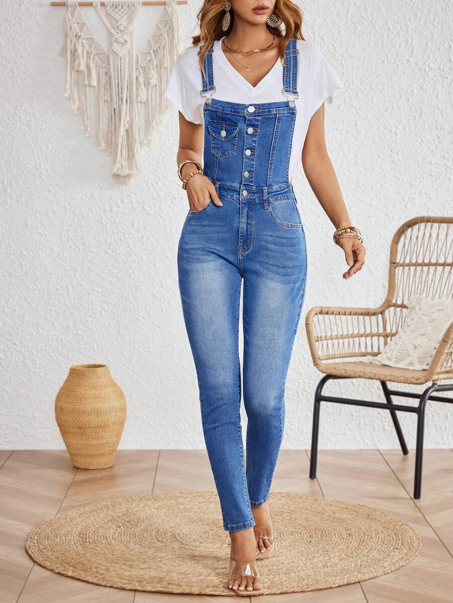 SHEIN Essnce Women's Slim Fit Denim Overalls - Light Wash - View 1