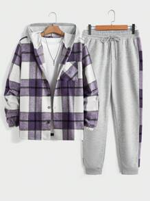 Manfinity RebelGame 男士格紋拼接帽裝襯衫配跑步褲,休閒兩件套裝 - 紫色 - 查看 1