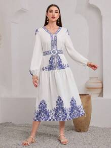 Seusyu Printed Lantern Sleeve Dress Fall Cloth For Women - White - View 1