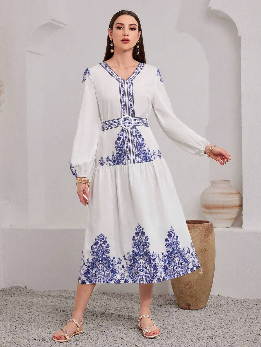 Seusyu Printed Lantern Sleeve Dress Fall Cloth For Women - White - View 1