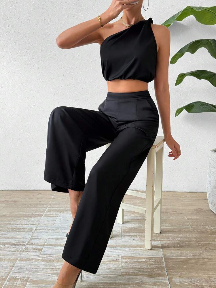 Women'S One-Shoulder Sleeveless Top And Pants Set