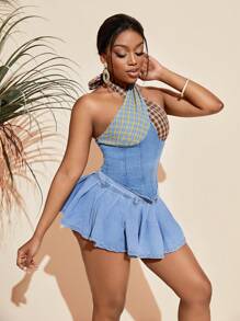 SHEIN SXY Của phụ nữ Kẻ sọc Vá lại Dây Tops Denim - Rửa nhẹ - Xem 1