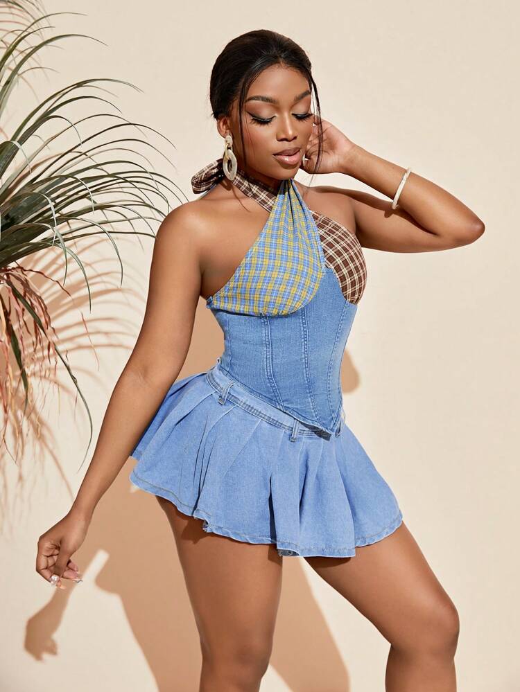 Women's Plaid Patchwork Halter Denim Top