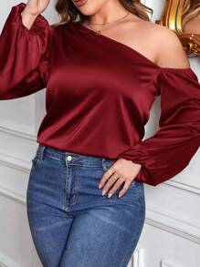 SHEIN Privé Plus Size Women's Asymmetrical Collar Lantern Sleeve Shirt - Red - View 1