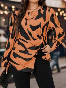 Calvaya 大尺碼女士紋理印花扭結前扣衫,配腰帶 - 橘色 - 查看 4