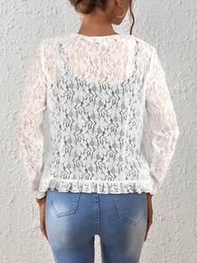 Yukiwi Chaqueta larga de manga larga con volantes y encaje, elegante y versátil de moda casual para mujer - Blanco - Ver 2