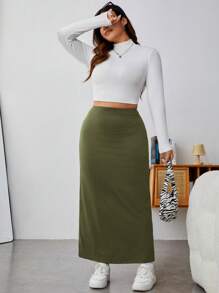 SHEIN EZwear Plus Size Women's Plain Knitted Maxi Skirt - Army Green - View 3