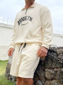 Manfinity Homme Men'S Plus Size Letter Printed Top And Solid Color Shorts Two-Piece Set - Apricot - View 4