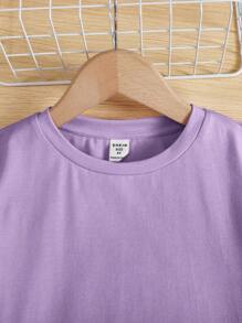 SHEIN Ensemble T-shirt Et Pantalon Coupe Ample Et Décontracté Pour Petites Filles, Col Rond, Épaules Tombantes