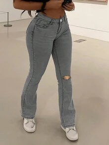 Washed Ripped Elastic Denim Jeans - Light Grey - View 3