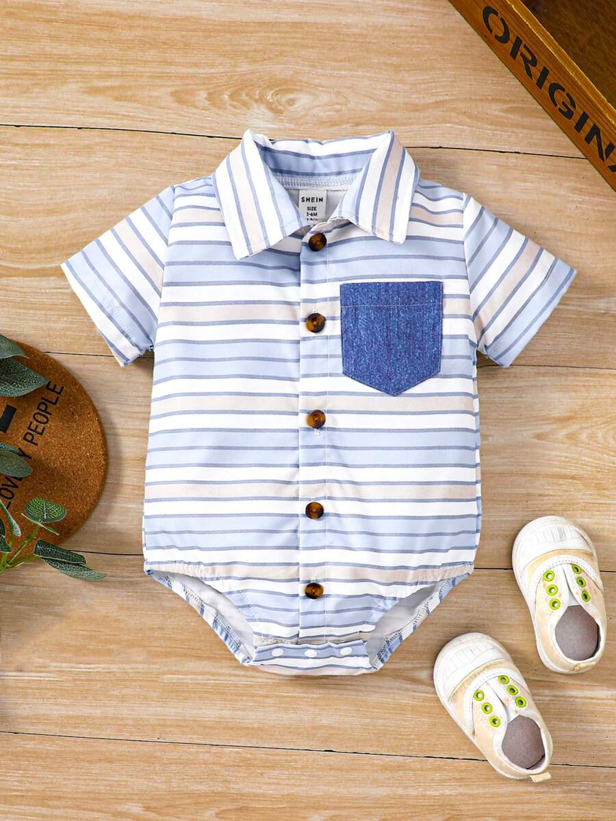 Baby Boys' Simple Stripe Short Sleeve Bodysuit For Summer - Multicolor - View 1