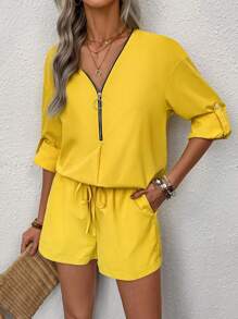 EMERY ROSE 女士半拉鍊領口捲袖上衣和短褲套裝 - 黃色 - 查看 3