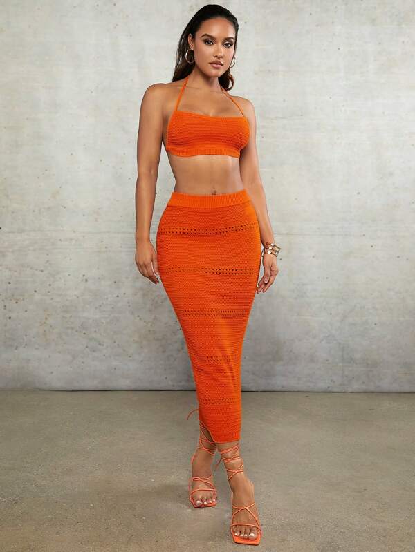 SHEIN BAE Cover Ups Orange Crochet Suspenders, Large Backless Cross-Strap Vest Top And Hollow Long Skirt, Spring And Summer Holiday Clothes, Tight Elastic Women's Two-Piece Set