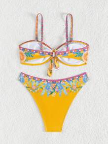 SHEIN Swim Summer Women's Full Print Cami Neck Bikini Set With Knot Music Festival - Multicolor - View 6
