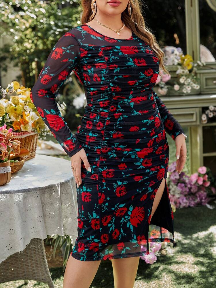 Valentine's Day Rose Mesh Floral Print Ruched Slit Bodycon Plus Size Dress