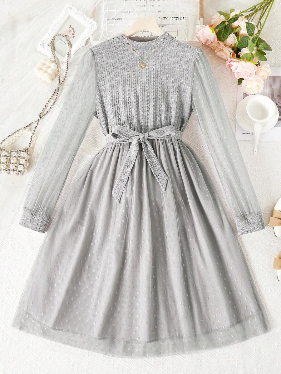 Teen Girls' Knitted Jacquard Polka Dot Tulle Mesh Dress - Grey - View 1