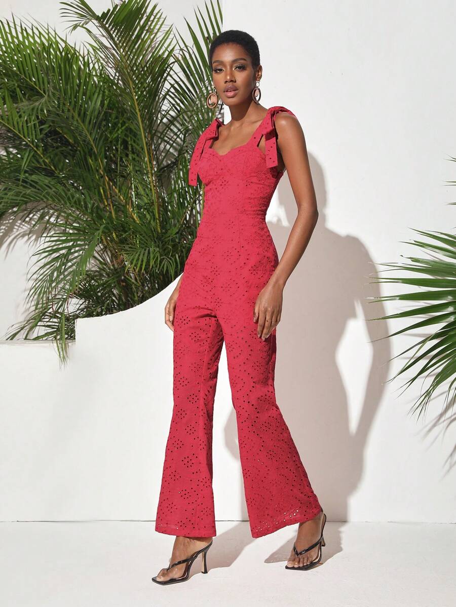 Christian Allana Designer Eyelet Bustier Jumpsuit With Bow Straps, For Holiday - Hot Pink - View 1