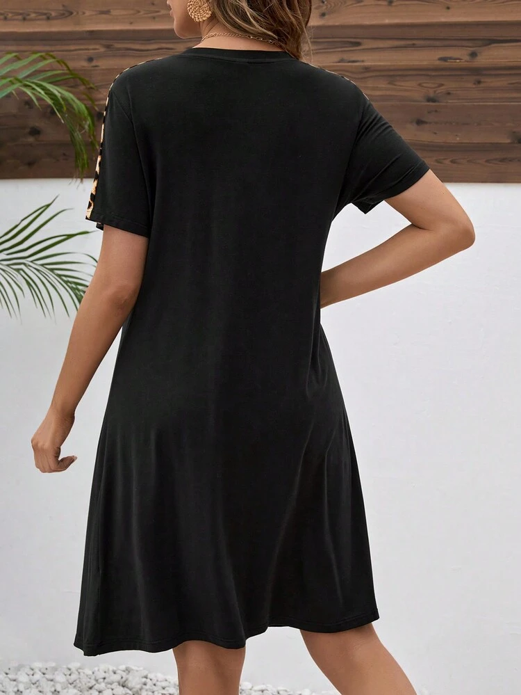 Maternity Leopard Print Short Sleeve Patchwork Dress