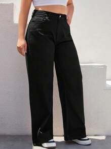 RueChic Plus Size  High Waist Wide Leg Jeans - Black - View 3