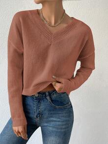 SHEIN Essnce Màu thuần Thả vai Áo len Áo chui đầu - Cà phê nâu - Xem 5