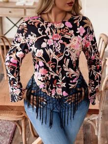 SHEIN Holidaya Kích thước lớn In Hoa Viền tua Hem Áo thun - Nhiều màu - Xem 4