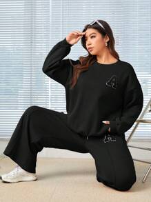 SHEIN EZwear 加大尺寸字母印花長袖運動衫和束口運動褲2件套裝 - 黑色 - 查看 4