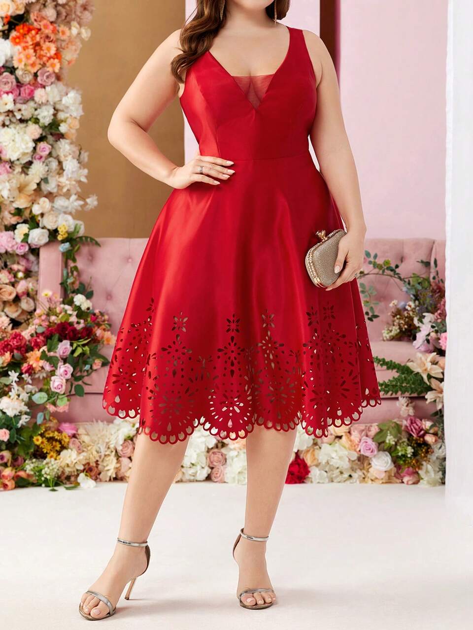 Women's Plus Size Red Satin Spring Elegant Formal Prom Dress,Baroque Hollow Lace Pattern Dark Opium BabyDoll Graduation Reception Cocktail Party