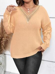 Franclia Plus Size Women's Lace Splice Drop Shoulder Pullover Sweater