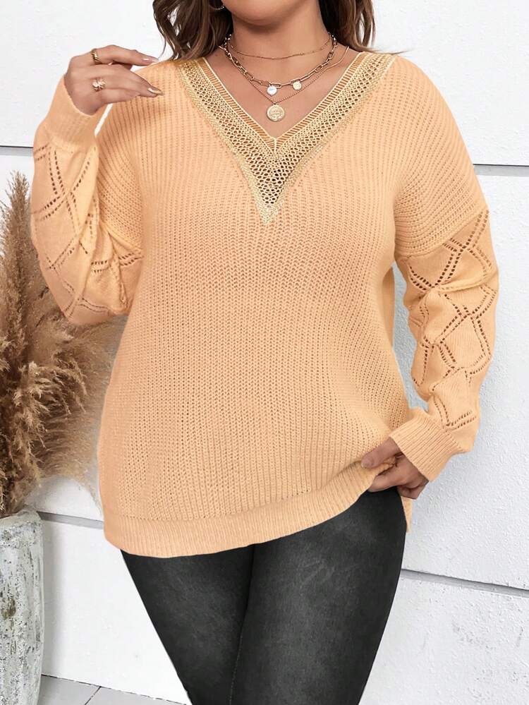 Plus Size Women's Contrast Lace Drop Shoulder Pullover Sweater Knit Pullover Fall Winter