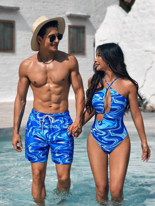 Manfinity VDAYZ 1pc Men's Marble Print Drawstring Waist Beach Shorts Couples Matching Swimwear, Vacation For Beach,Hawaiian, Matching Swimwear For Couples Blue, Couple Bathing Suit Set, Beachwear Matching Couple, His And Hers Swim Suit Sets, Men Bathing Suit Couple Matching