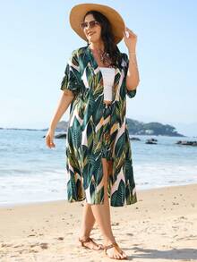 SHEIN VCAY Plus Size Tropical Print Kimono And Shorts And Solid Color Camisole Three-Piece Set - Multicolor - View 4