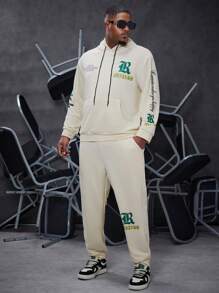 Manfinity Homme Ensemble De Survêtement Avec Capuche Et Cordon De Serrage Graphique À Lettres Pour Hommes De Grande Taille Et Coupe Ample