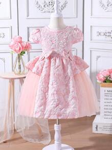 SHEIN 年輕女孩網眼提花連衣裙,裙擺上綁帶裝飾