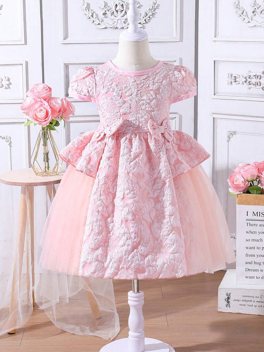 SHEIN 年輕女孩網眼提花連衣裙,裙擺上綁帶裝飾