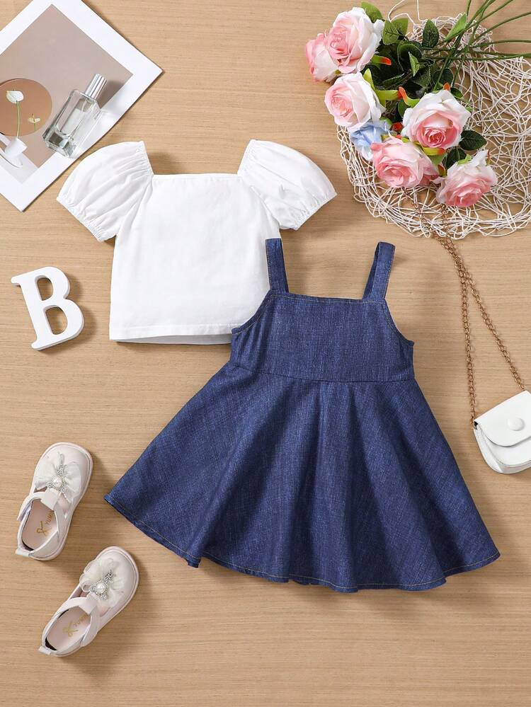 Baby Girls' Casual Short Sleeve Top With Bow Decoration And Denim Effect Dress Set