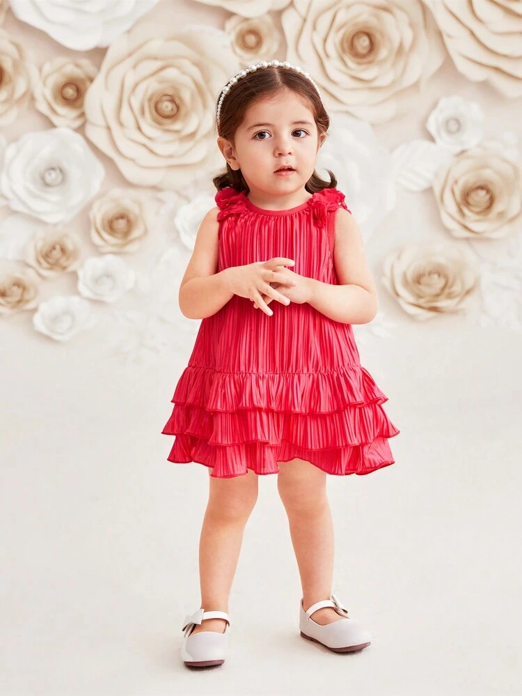 Baby Girls' Sweet And Casual Sleeveless Floral 3d Detail Dress With Pleated And Ruffle Hem