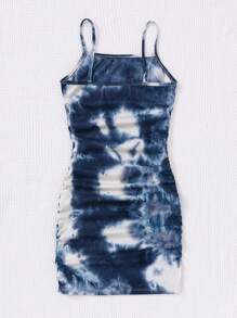 SHEIN Teen Girls' Knitted Tie-Dye Ruched Casual Cami Dress With Rib Texture - Blue - View 2