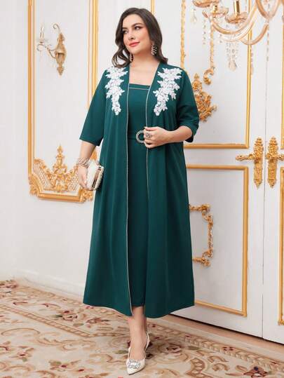 Modelyn Plus Size Embroidered Mesh Splice Jacket + Dress Set 2 Piece Set