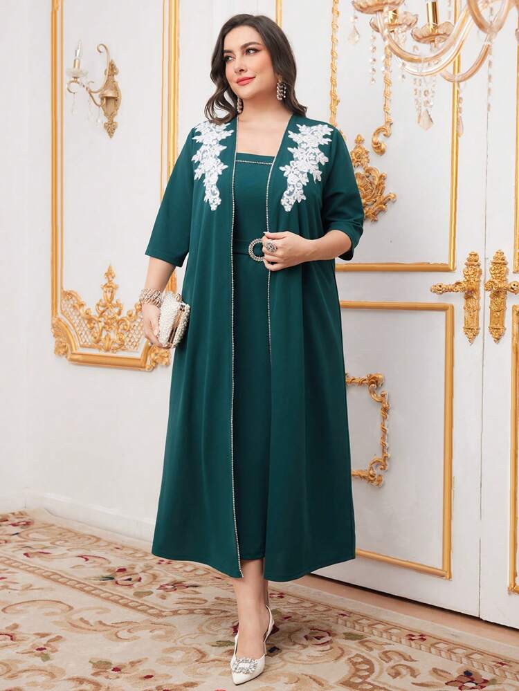 Plus Size Embroidered Mesh Splice Jacket + Dress Set 2 Piece Set