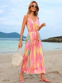 SHEIN VCAY 女式度假紮染吊帶連身裙 - 橘色 - 查看 6