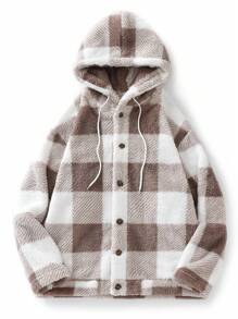 Manfinity Hypemode Men's Plus Size Single-Breasted Gingham Teddy Hooded Jacket - Chocolate Brown - View 1