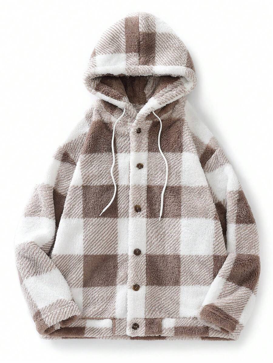 Manfinity Hypemode Men's Plus Size Single-Breasted Gingham Teddy Hooded Jacket - Chocolate Brown - View 1