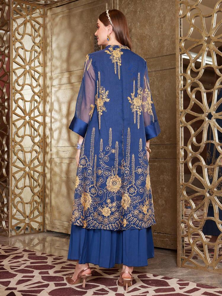 Embroidered Mesh Splice Notched Collar Dress Kaftan Jalabiya Dress