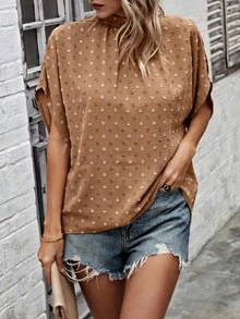 SHEIN LUNE 女士立領蝙蝠袖提花襯衫 - 卡其色 - 查看 5