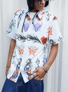 ROMWE MEN Anime Camisa De Manga Corta Para Hombres Con Estampado De Dragón Y Calavera - Blanco - Ver 2