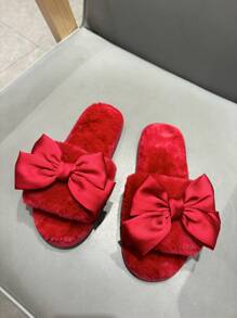 Fall/Winter Women Elegant Red Bowknot Flat Plush Slippers, Perfect For Valentine's Day Party And Home, Halloween, Christmas,Fluffy Slippers,New Year Outfits - Red - View 5